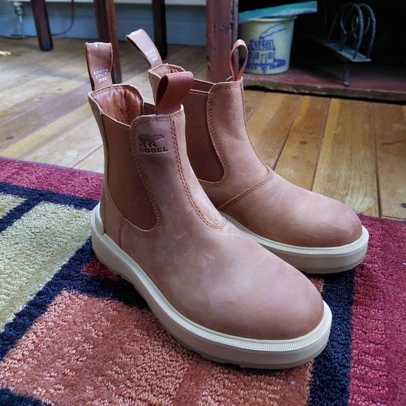 Sorel brown & tan leather Hi Rise Chelsea ankle boots Womens 5.5 - Picture 1 of 9